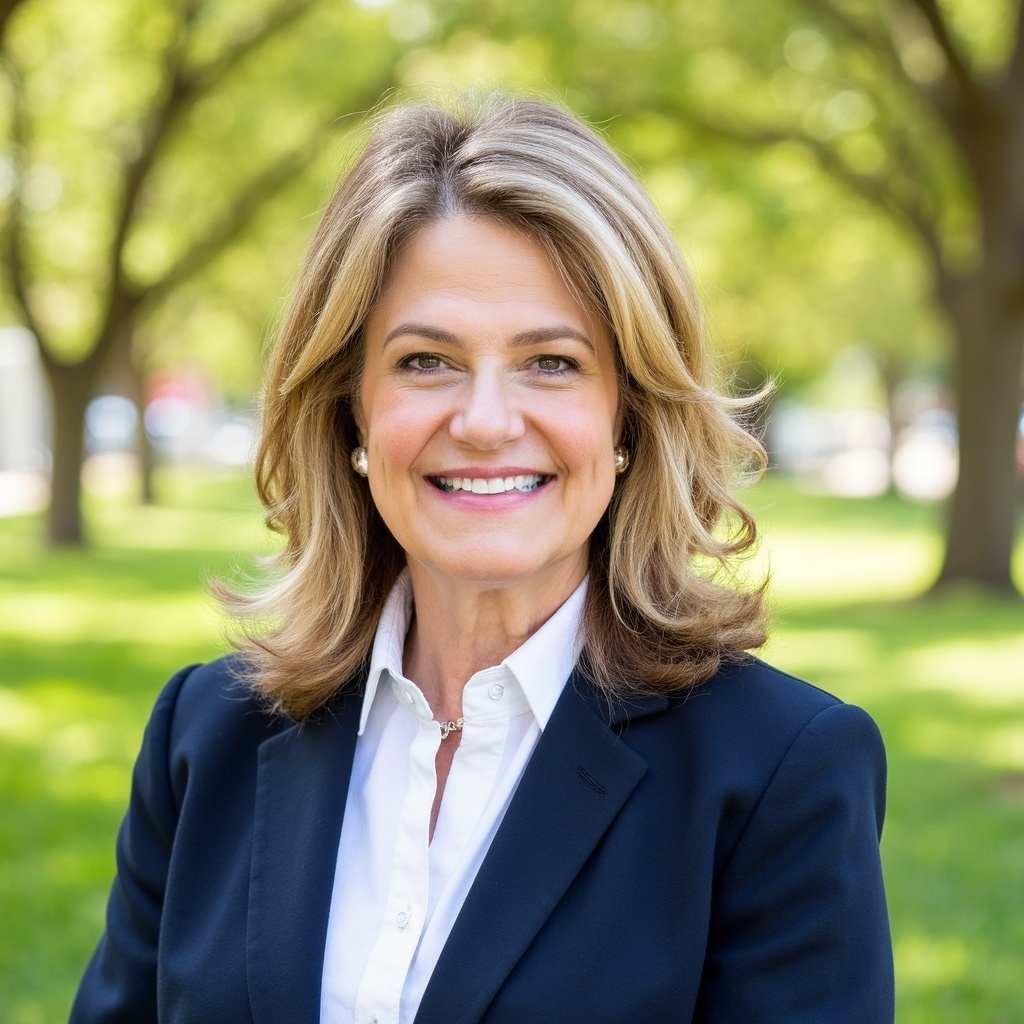 Sandra Coombs, certified Texas educator and founder of Coombs Tutoring, in professional navy blazer