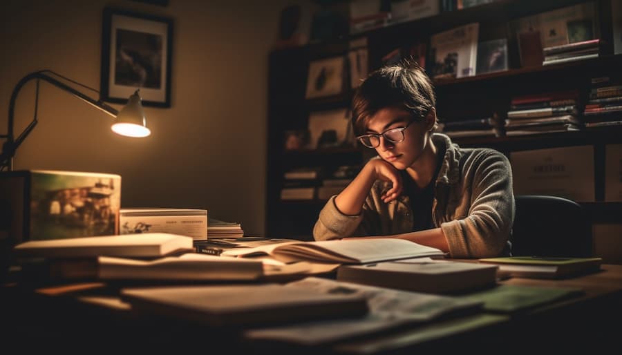caucasian student reading textbook illuminated library generated by ai (1)