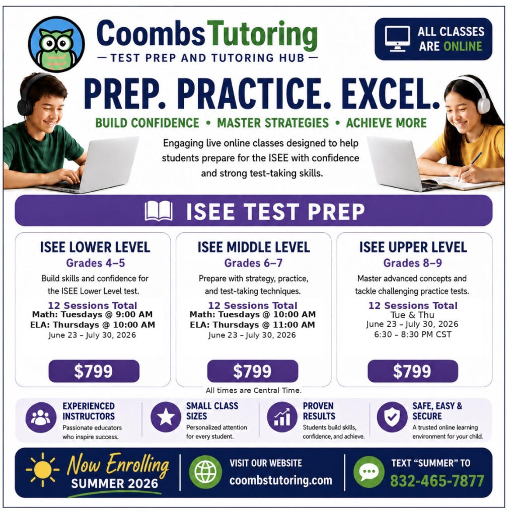 Coombs Tutoring 2026 summer academic camps for students in Sugar Land, TX